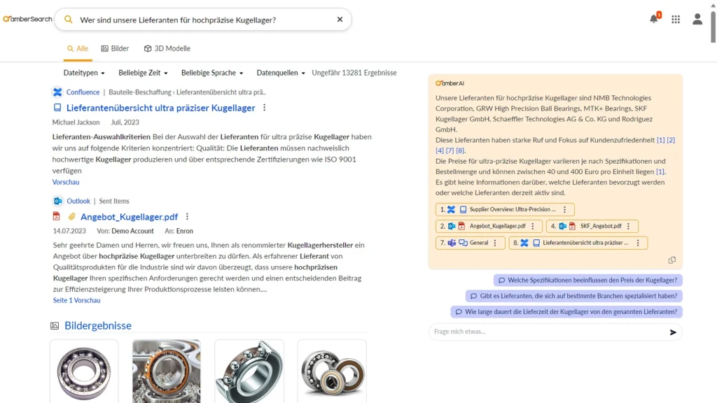 Screenshot aus unserer Software amberSearch. Der Orange hinterlegt Teil ist die durch ein Retrieval Augmented Generation System generierte Antwort.