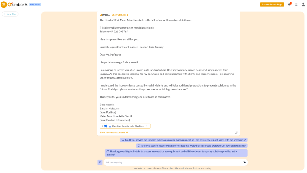 Writing an email based on internal company content with generative AI